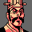 Pixel art portrait of a character with stylized facial features, wearing a striped hat and patterned clothing against a solid gray background.