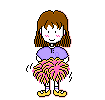 Pixel art cheerleader character in two animation frames with pom-poms, brown hair, purple top, pink and yellow skirt, yellow shoes on gray background.