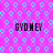 Pixelated text 'SYDNEY' repeated four times on a bright pink background with cyan circular patterns.