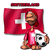 Static pixelated icon of a person in red sports attire holding a soccer ball, standing before a large red flag with white cross symbol.
