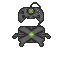 Pixel art of a dark gray Xbox controller connected to a console, both featuring green circular buttons and colored action buttons on the controller.