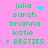 Pixelated green text lists names and "= BESTIES" on pink background with animated blue heart or starburst symbols.