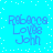 Pixelated blue text on cyan background with white dots, four identical instances arranged in a