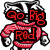 Pixelated red and black character with 'Go Big Red' text, wearing a pink sweater over white shirt, holding soccer ball.