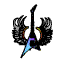 Black electric guitar with blue and purple accents surrounded by black wing-like shapes, displayed in a of showing progressive wing reduction