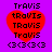 A purple background displays four identical red heart shapes with black text reading "Travis" in multiple styles and a pixelated number sequence below.