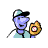 Pixelated cartoon character with blue face wearing black cap and light blue shirt holding golden circular object with pink center.