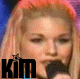 pixelated images showing a woman with blonde hair in various poses and expressions, overlaid with fragmented text including 'kim', 'is the true', 'idol', 'lol', and 'kimrules'