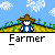 Animated pixel art contact sheet showing a farmer character performing actions across multiple frames with text bubbles and repeated labels.