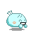 A 4-frame pixel art animation of a light blue cartoon character with antennae, orange cheeks, and black eyes blowing colorful square particles in different directions across frames.