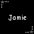 Black background with white pixelated text "Jamie" repeated in a , surrounded by small star and dot patterns that alternate between gray and white states