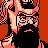 Pixelated static image of a character with dark hair and beard against an orange background, featuring pink and beige color accents in the design.