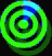 Green concentric circles with blue and cyan accents rotate clockwise across on a black background