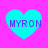 Four cyan hearts on a bright pink background, each containing the text MYRON in purple pixelated letters.