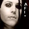 A grayscale close-up of a person's face with dark eye makeup, a small lip piercing, and a vertical black line across the right eye area, with white text 'AFI' and a heart symbol on the right side.