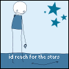 A stick figure with a white head and blue body stands against a light blue background with dark blue stars, cycling through text captions.