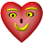 Red heart-shaped icon with yellow eyebrows, yellow eyes with black pupils, a black vertical nose, and a yellow curved smile on a gray background.