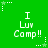 Green background with white pixelated text "I Luv Camp!!" repeated six times in a , surrounded by small white stars and dotted lines