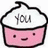 Two cartoon cupcakes with smiling faces, one pink and one blue, each topped with white frosting displaying the words 'you' and 'me', below a large pink heart outline.