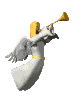 Animated angel figure in white robe with gold accents holding a golden horn, shown across six sequential poses against gray background.