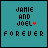 Pixelated teal square with black text reading "JAMIE AND JOEL" and a red heart symbol, followed by "FOREVER" in the same style.