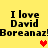Yellow background with black text reading "I love David" and "BoreanazBoreanaz!" in four quadrants, red and orange pixel hearts below text.