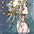 Pixelated static icon of a stylized figure with light-colored hair and pinkish skin against a blue background, featuring scattered golden circular elements.
