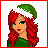 Animated contact sheet of a Christmas-themed cartoon character with red hair, green outfit, and Santa hat across multiple frames showing facial expressions, pose changes, text overlays, and partial body views.