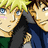 Pixelated anime-style image of two male characters on red background with blue text labels above and below them.