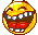 Two pixelated yellow circular faces with brown outlines, one winking and the other grinning widely showing teeth against a gray background.