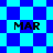 Blue and cyan pixelated checkered pattern with four instances of the text "MAR" in black block letters.