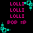 Pixelated text and cyan square patterns on black background with repeated 'LOLLI' and 'POP = P' in pink, animated changes to cyan squares.