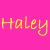 Pixelated yellow text 'Haley' on bright pink background with white flower symbol in bottom-right corner of framed section.