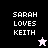 Pixelated text 'SARAH LOVES KEITH' appears in white on black, gray, and light pink backgrounds with a small star icon changing from white to black.