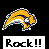 Pixelated icon of a yellow and orange curved shape with blue accents, positioned above bold black text reading "Rock!!" on a white background.