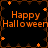 Pixelated orange text reads "Happy Halloween" on a black background with scattered orange star shapes and brown decorative borders.