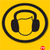 Yellow background with black circular outline enclosing black headphones over a yellow rectangle, small red pixel cluster in bottom-right corner.