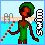 A 4-frame animated contact sheet showing a pixel art character in a pool and text-based animations with blue bubbles on black backgrounds.