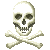 Pixelated skull and crossbones with red splatter effects on a gray background.