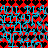A static pixel art image with repeating patterns of cyan text and black heart shapes on a red background, forming a dense visual texture.