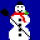 Pixelated snowman with red scarf, black top hat, and green holly sprig on blue background with white snowflakes.