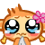 Pixelated cartoon character with orange hair, large blue eyes, and a pink bow, shown in two side-by-side frames with subtle facial expression differences.