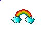Three static frames of a pixelated rainbow icon with light blue clouds on both ends, displayed in a 2x2 contact sheet layout against a gray background.