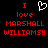 Static pixel art displays red text 'I love MARSHALL WILLIAMS!!' with a white heart symbol above the word 'love', all on black background.