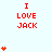 Red pixel text "I LOVE JACK" appears above varying numbers of red heart symbols on a light blue background with a gray rectangle at bottom right.