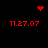 Red pixelated text and symbols on black background, with date stamps and animated heart/sparkle elements.