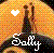 Pixelated image of two figures embracing under a heart symbol with 'Sally' text below, set against an orange gradient background.