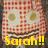 Pixelated image of a face with fried eggs for eyes and bacon for a mouth on a checkered background, with 'Sarah!!' text below.