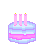 Pixelated birthday cake icon with light blue frosting, pink layers, and three candles; some frames show text below the cake.