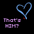 Blue heart outline with rainbow pixel accents and purple text 'That's HIM?' on black background, animated as rainbow pixels shift position across frames.